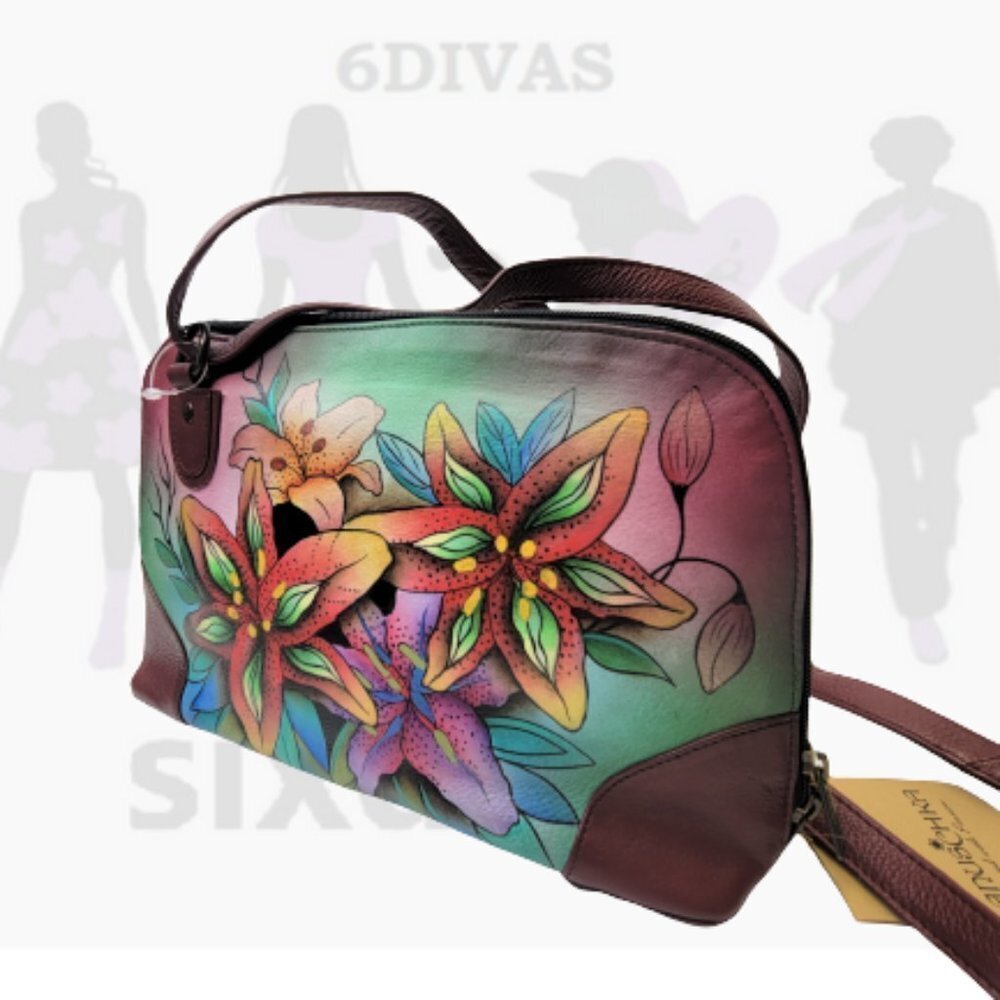 Leather Crossbody Bag Multi Compartment Organizer Bag Lilies Motif Leather Bag